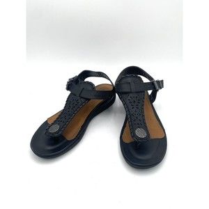 Pierre Dumas Size 9 KORI 3 Faux Black Leather Thong Sandals Ankle Strap EUC